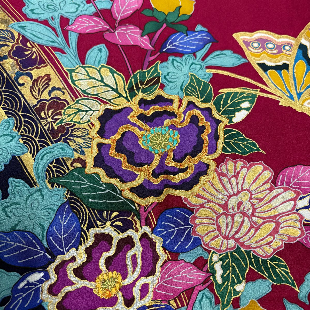 【美品】振袖禮服 身長164.5cm 袖長65.5cm M 雙層 草花紋紋 蝶 金絲 金銀彩 深粉紅 純蠶絲 秀品級