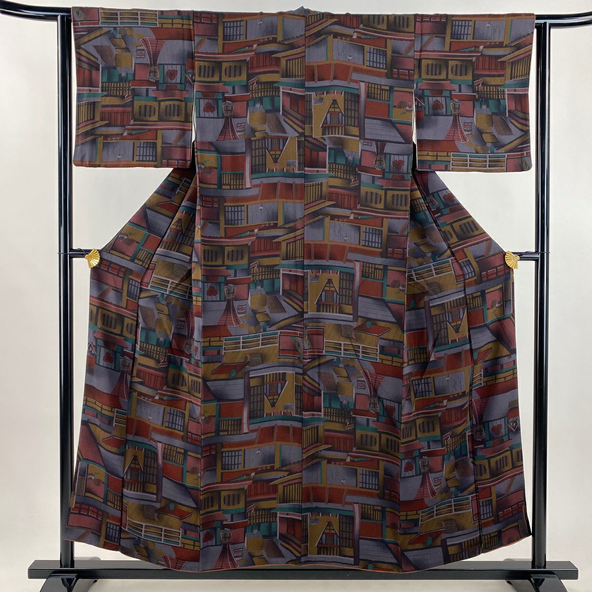 小紋 身長152.5cm 袖長63cm S 雙層 建物 灯籠 紅色 純蠶絲 秀品級