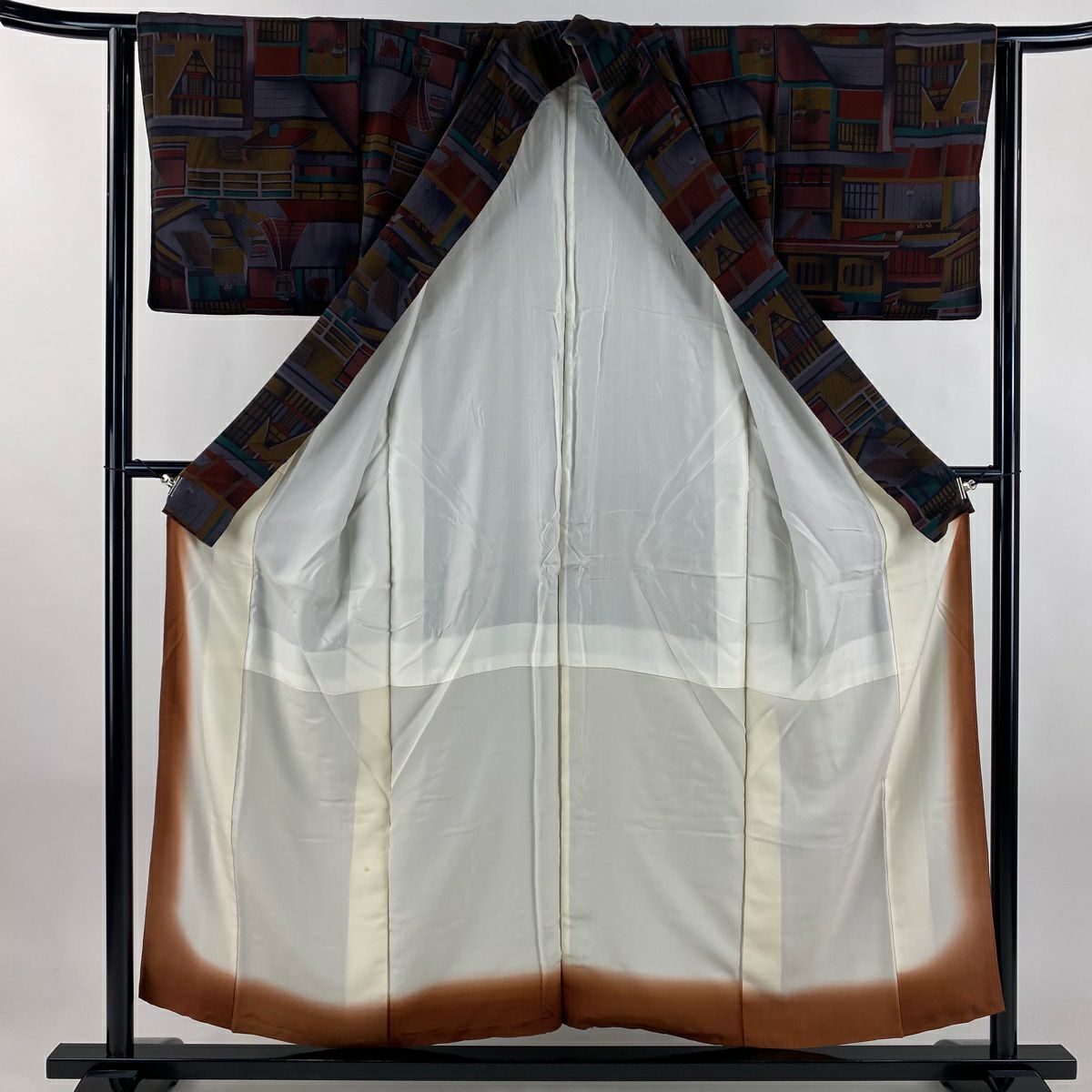 小紋 身長152.5cm 袖長63cm S 雙層 建物 灯籠 紅色 純蠶絲 秀品級