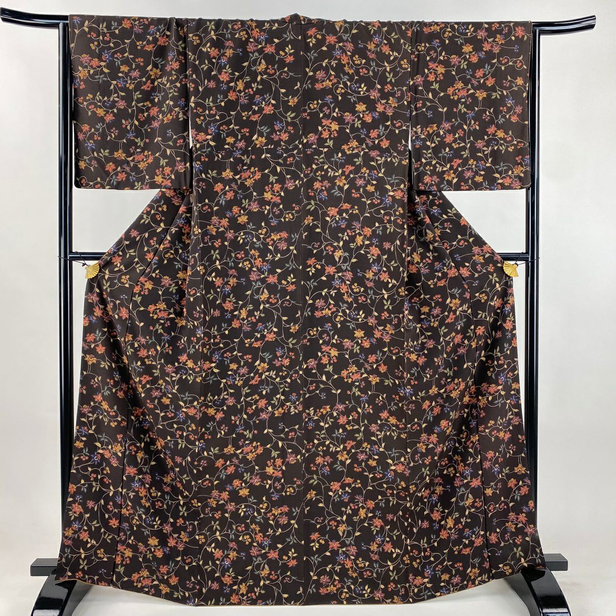 【美品】 小紋 身長165cm 袖長65cm M 雙層 花唐草紋 焦茶 純蠶絲 秀品級