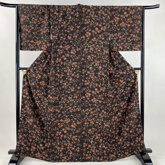 【美品】 小紋 身長165cm 袖長65cm M 雙層 花唐草紋 焦茶 純蠶絲 秀品級