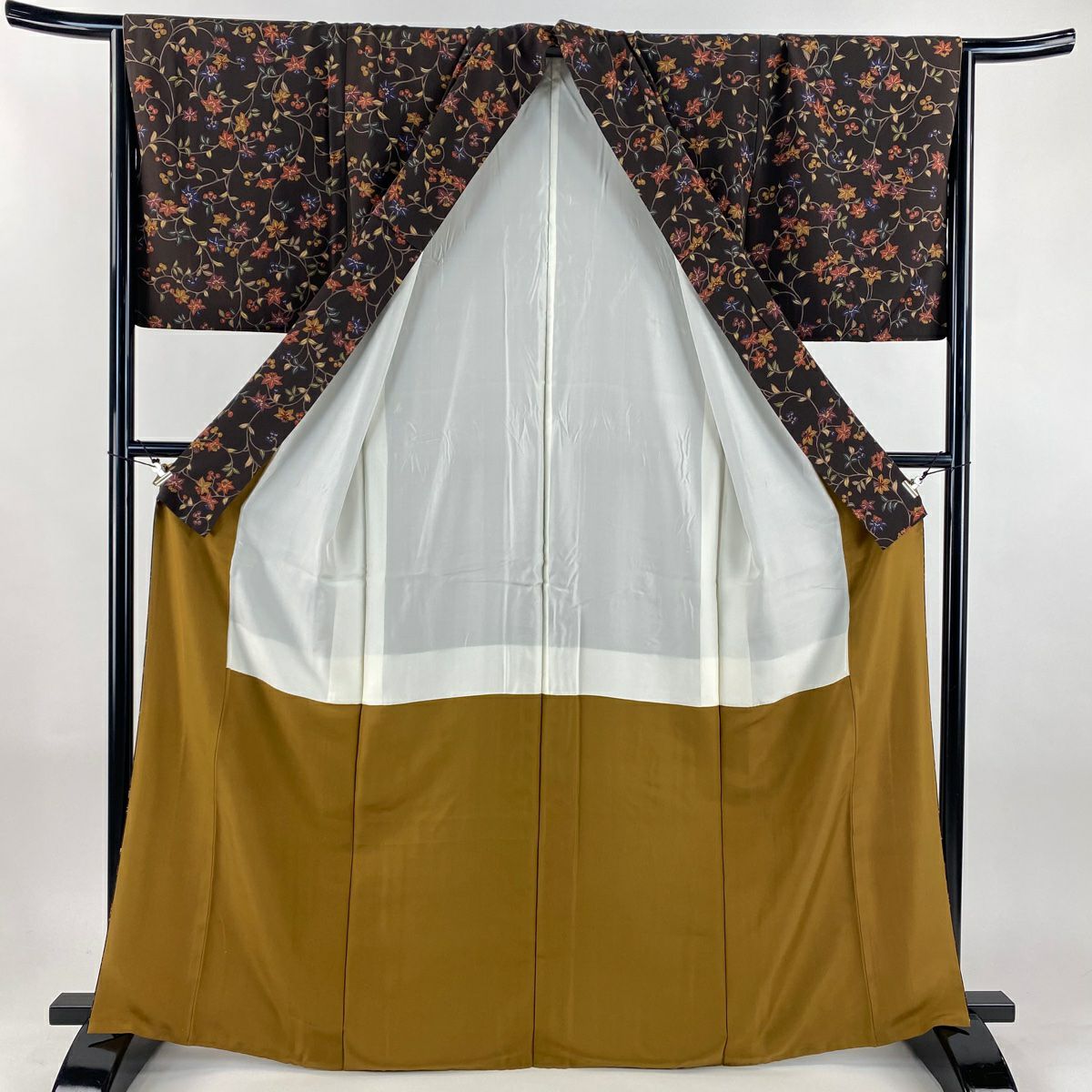 【美品】 小紋 身長165cm 袖長65cm M 雙層 花唐草紋 焦茶 純蠶絲 秀品級