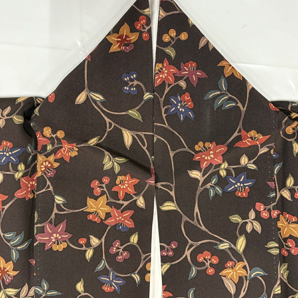 【美品】 小紋 身長165cm 袖長65cm M 雙層 花唐草紋 焦茶 純蠶絲 秀品級
