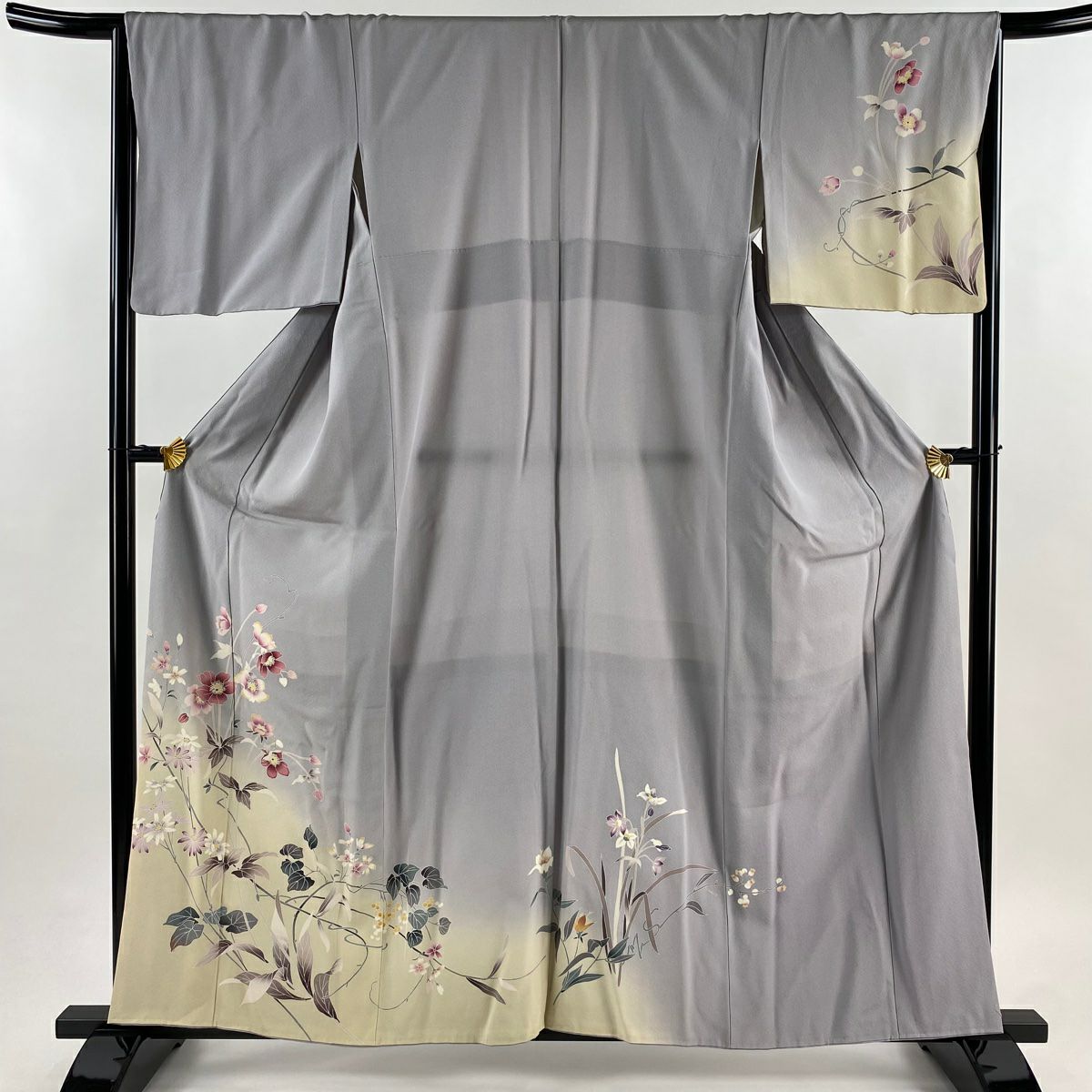 付下 身長159.5cm 袖長65.5cm M 雙層 草花紋 秋櫻 漸層 染分 灰紫 純蠶絲 優品級
