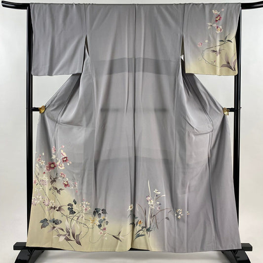 付下 身長159.5cm 袖長65.5cm M 雙層 草花紋 秋櫻 漸層 染分 灰紫 純蠶絲 優品級