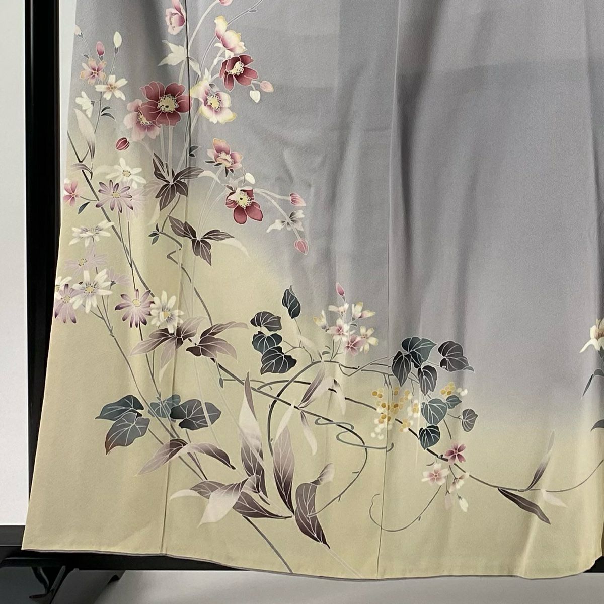 付下 身長159.5cm 袖長65.5cm M 雙層 草花紋 秋櫻 漸層 染分 灰紫 純蠶絲 優品級
