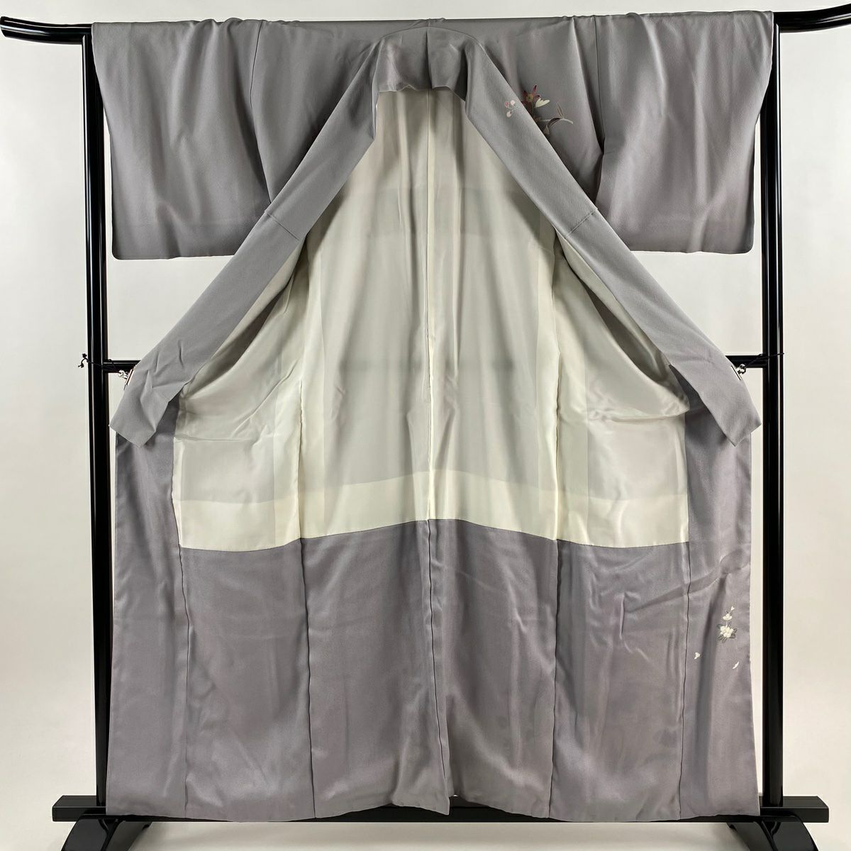 付下 身長159.5cm 袖長65.5cm M 雙層 草花紋 秋櫻 漸層 染分 灰紫 純蠶絲 優品級