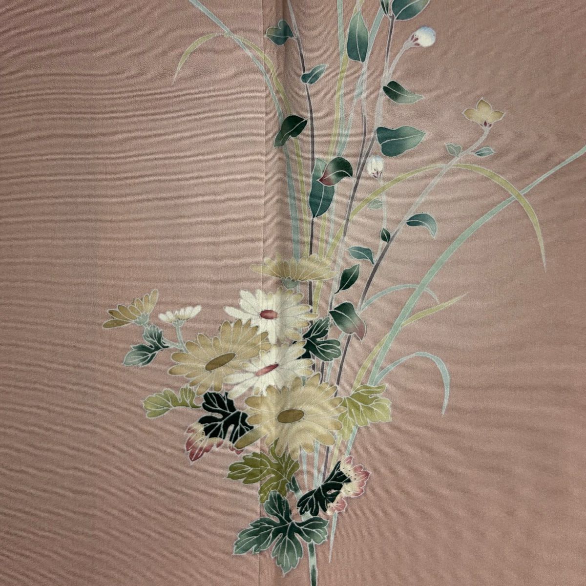 付下 身長155.5cm 袖長63cm S 雙層 草花紋紋 菊花花 漸層 粉米色 純蠶絲 優品級