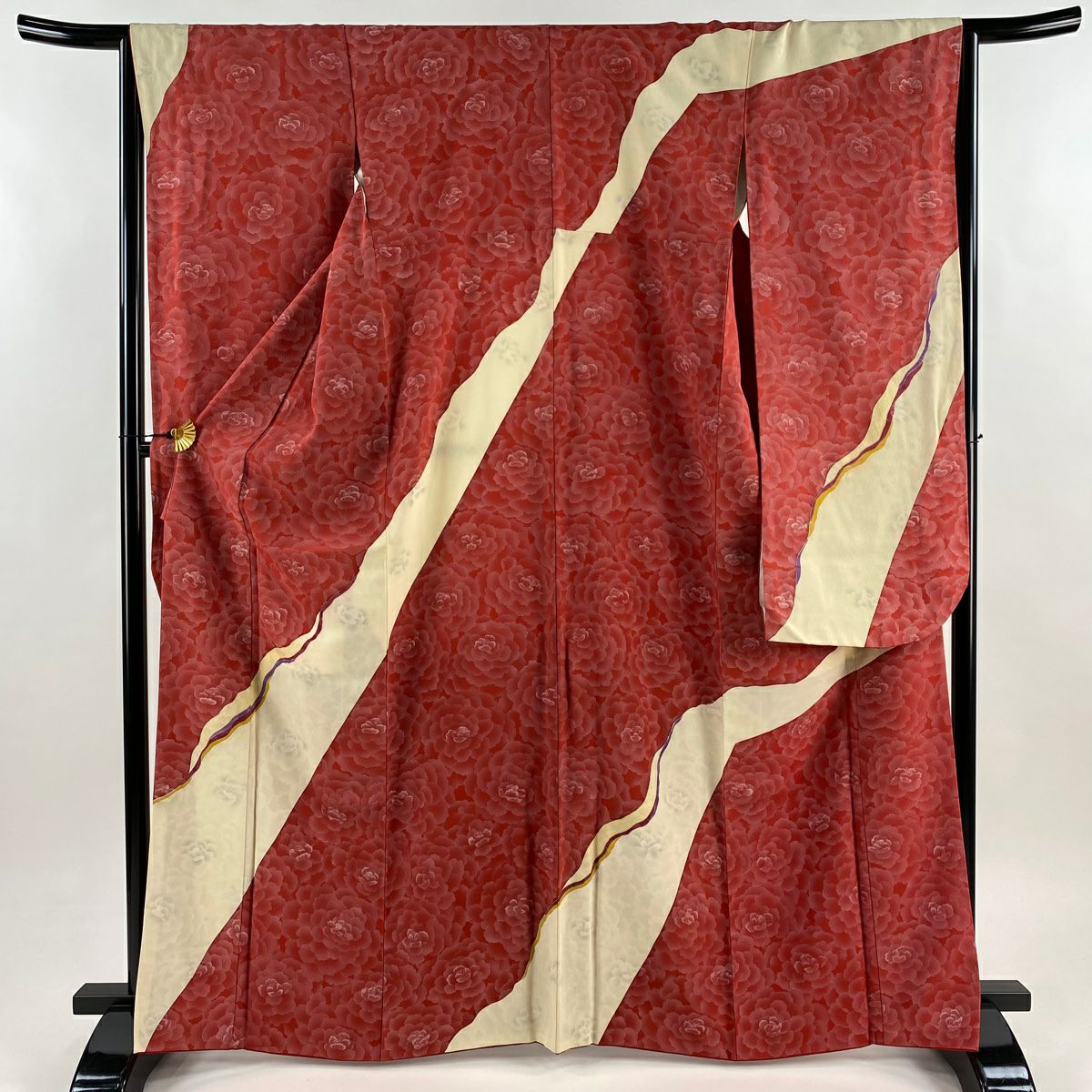 【美品】振袖禮服 身長166.5cm 袖長65cm M 雙層 牡丹 霞 金絲 金銀彩 茜 純蠶絲 秀品級