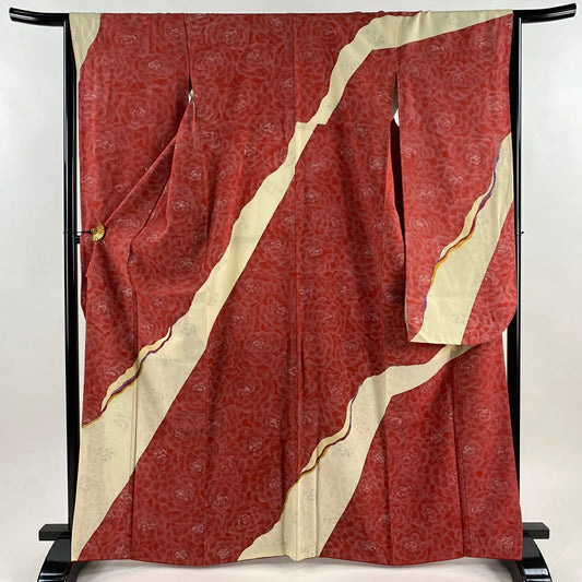 【美品】振袖禮服 身長166.5cm 袖長65cm M 雙層 牡丹 霞 金絲 金銀彩 茜 純蠶絲 秀品級