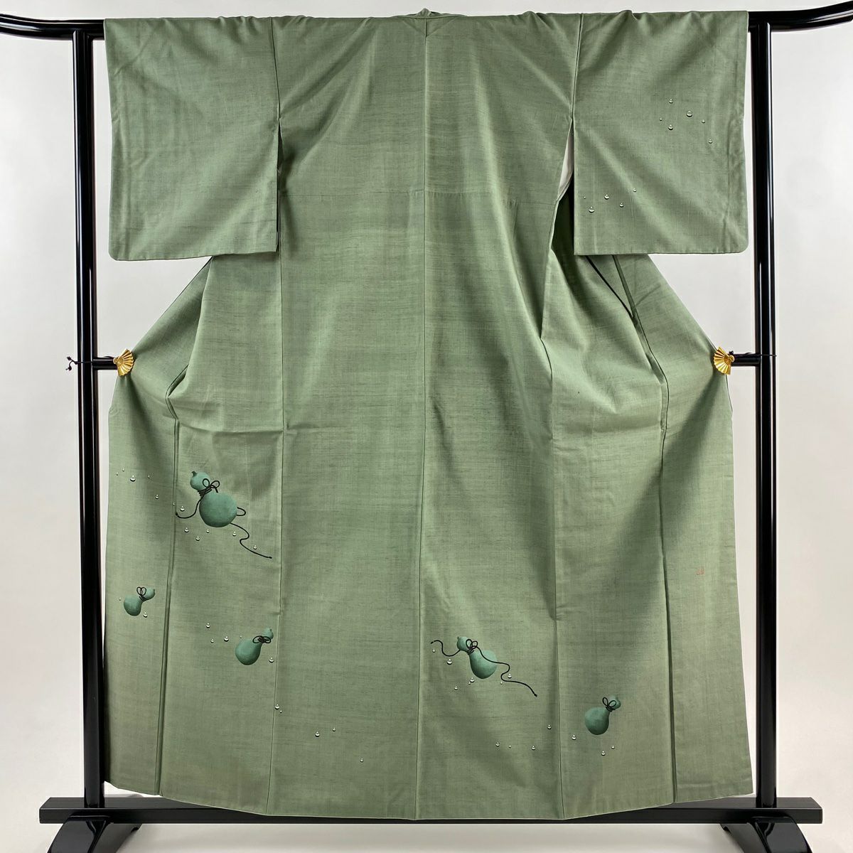 【美品】 付下 身長158cm 袖長62.5cm S 雙層 紬織織 落款あり 瓢箪 雫 灰綠 純蠶絲 秀品級