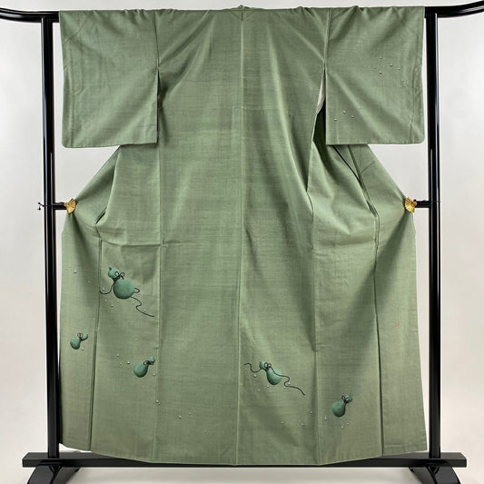 【美品】 付下 身長158cm 袖長62.5cm S 雙層 紬織織 落款あり 瓢箪 雫 灰綠 純蠶絲 秀品級