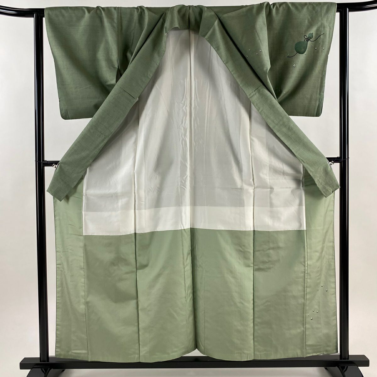 【美品】 付下 身長158cm 袖長62.5cm S 雙層 紬織織 落款あり 瓢箪 雫 灰綠 純蠶絲 秀品級