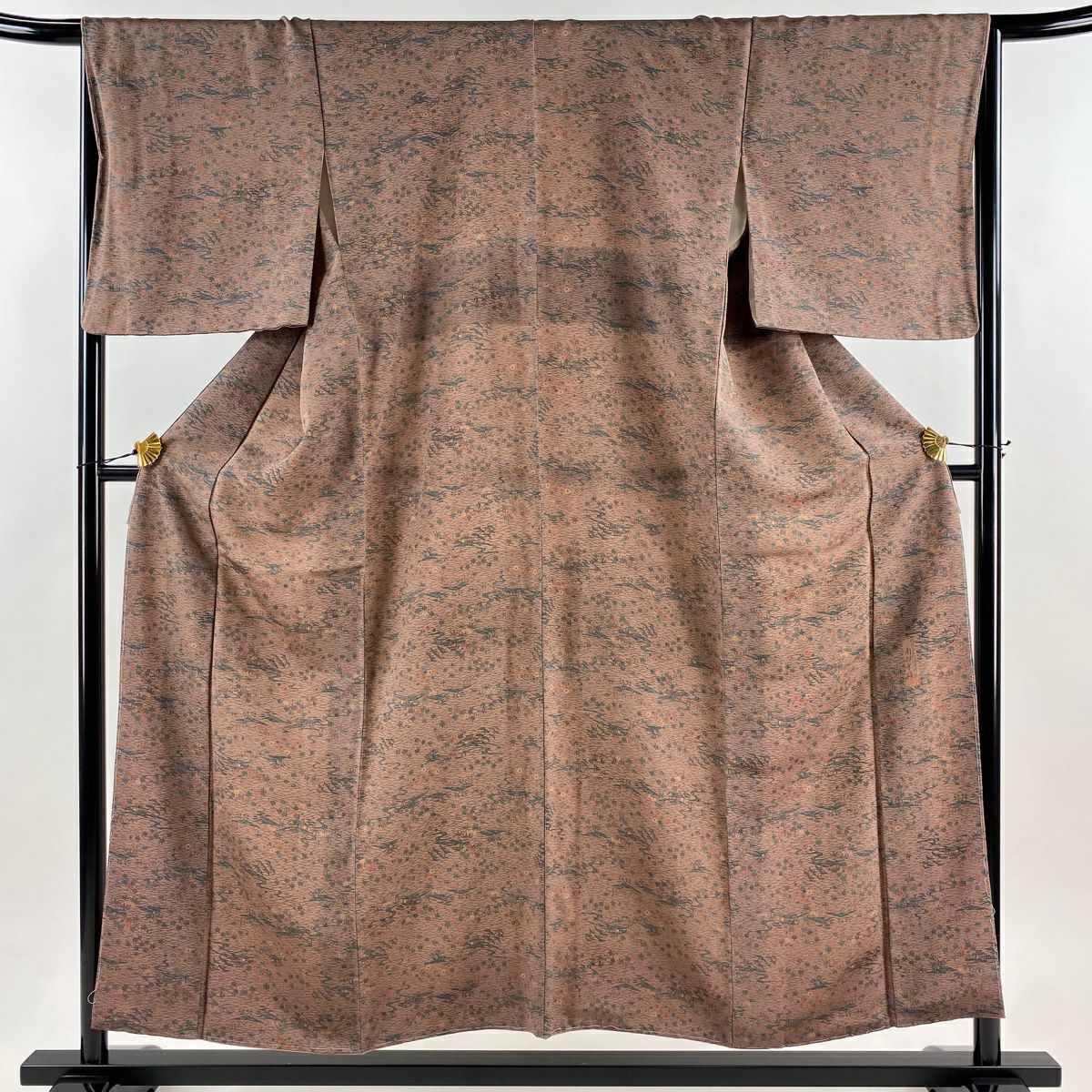 【美品】 小紋 身長154cm 袖長66.5cm M 雙層 南部幸雄 草木染 落款あり 證書あり 家屋 草花紋紋 絞紋 薄小豆 純蠶絲 秀品級