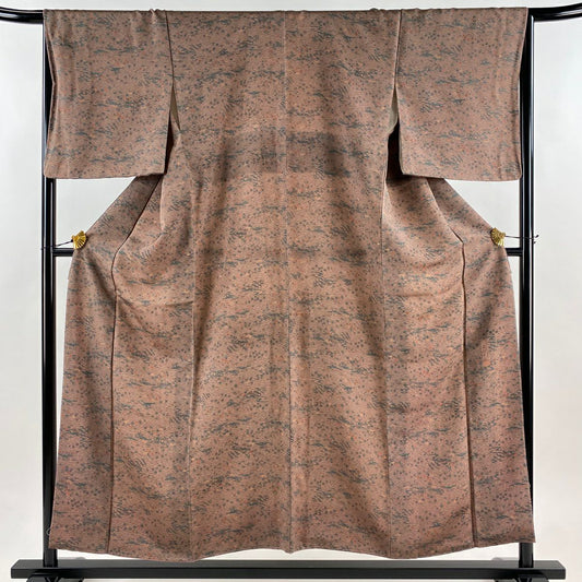 【美品】 小紋 身長154cm 袖長66.5cm M 雙層 南部幸雄 草木染 落款あり 證書あり 家屋 草花紋紋 絞紋 薄小豆 純蠶絲 秀品級