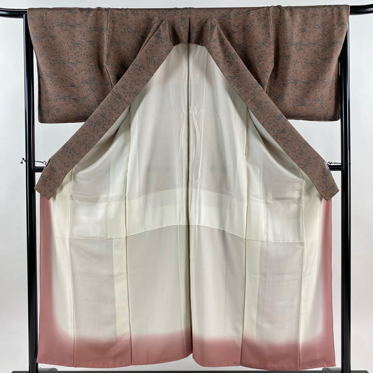 【美品】 小紋 身長154cm 袖長66.5cm M 雙層 南部幸雄 草木染 落款あり 證書あり 家屋 草花紋紋 絞紋 薄小豆 純蠶絲 秀品級