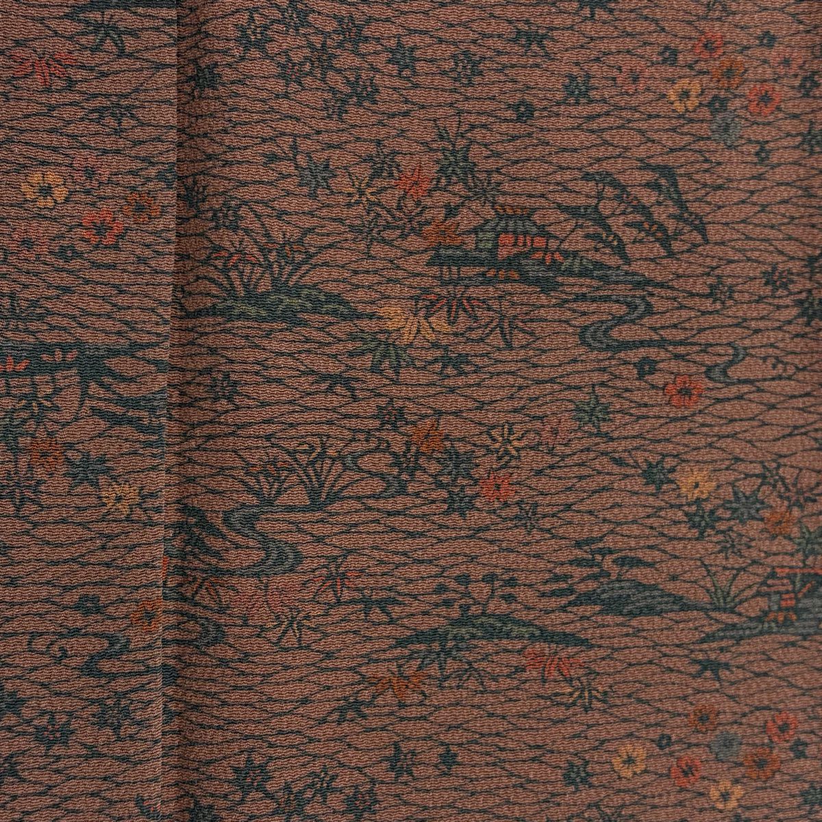 【美品】 小紋 身長154cm 袖長66.5cm M 雙層 南部幸雄 草木染 落款あり 證書あり 家屋 草花紋紋 絞紋 薄小豆 純蠶絲 秀品級