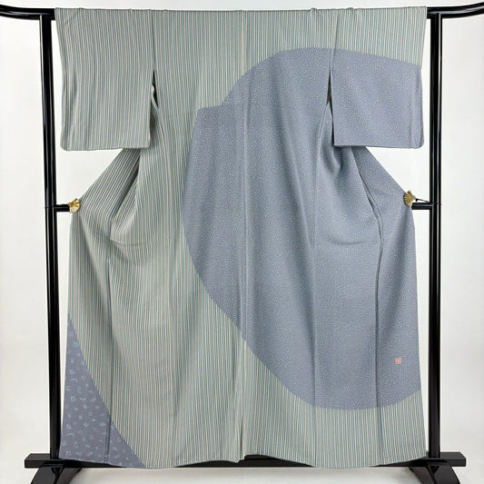訪問服 身長157.5cm 袖長61.5cm S 雙層 落款 竹子條紋 兔子 灰綠 純蠶絲 優品級