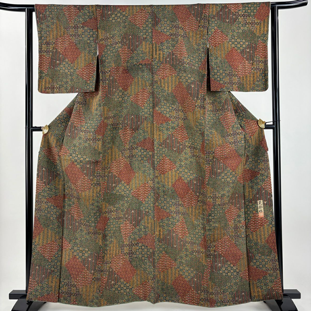 【美品】 小紋 身長162cm 袖長63.5cm S 雙層 更勝 落款あり 寄せ柄 龜甲 絞緬 茶綠 純蠶絲 秀品級