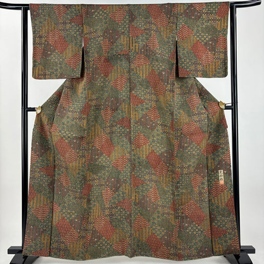 【美品】 小紋 身長162cm 袖長63.5cm S 雙層 更勝 落款あり 寄せ柄 龜甲 絞緬 茶綠 純蠶絲 秀品級