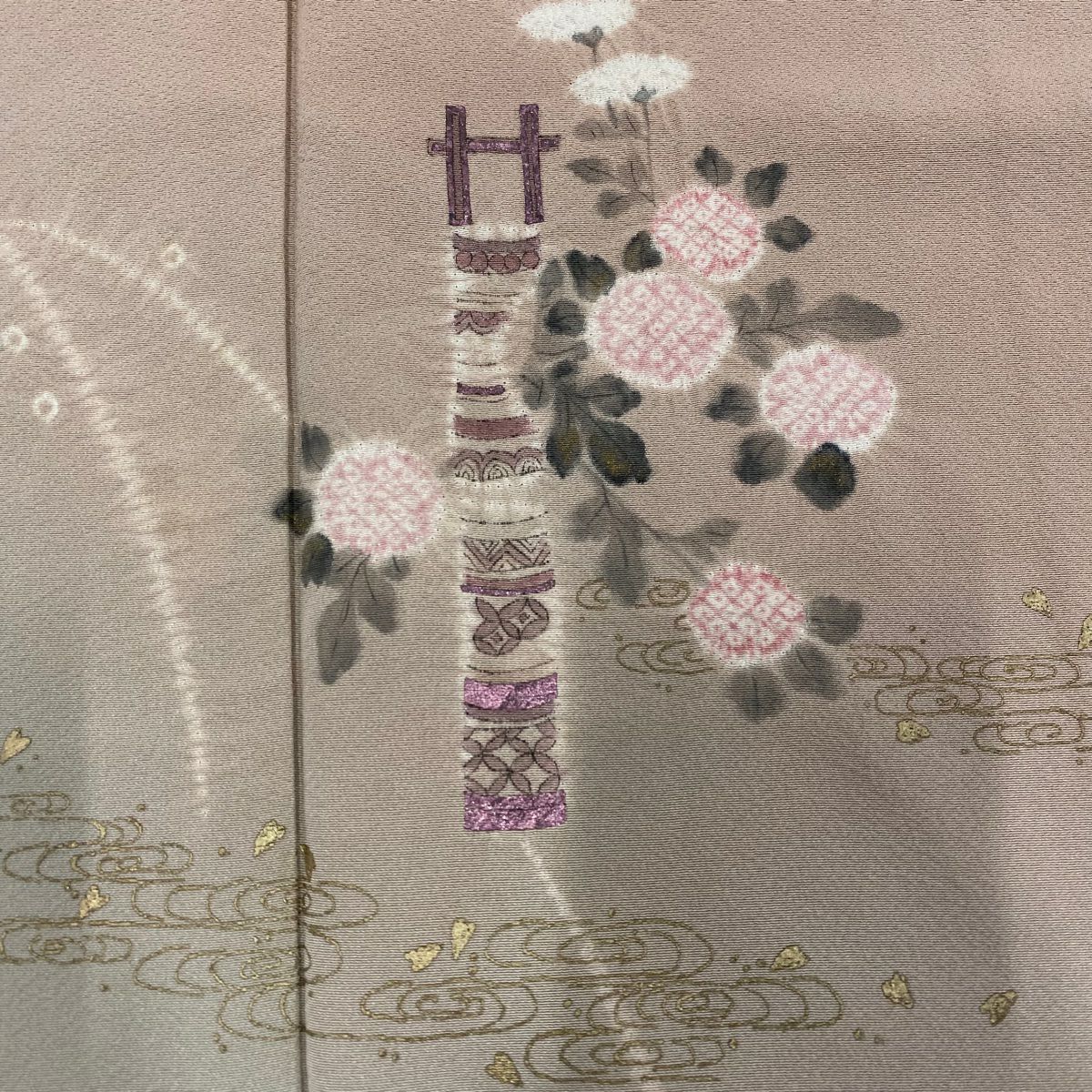 付下 身長154cm 袖長63.5cm S 雙層 落款 草花紋紋 観世水 絞染 金銀彩 粉米色 純蠶絲 優品級