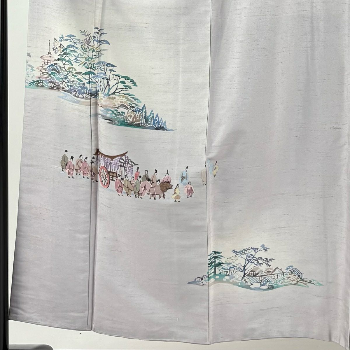 付下 身長155.5cm 袖長64cm M 雙層 紬織織 有落款 風景 人物 漸層 灰紫 純蠶絲 優品級