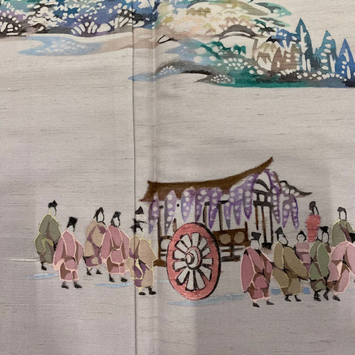 付下 身長155.5cm 袖長64cm M 雙層 紬織織 有落款 風景 人物 漸層 灰紫 純蠶絲 優品級