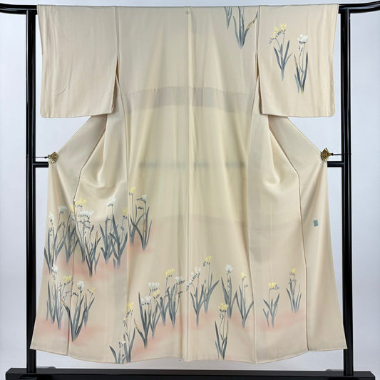 付下 身長151cm 袖長62.5cm S 雙層 落款 草花紋紋 霞暈染 米色 純蠶絲 秀品級 一個紋