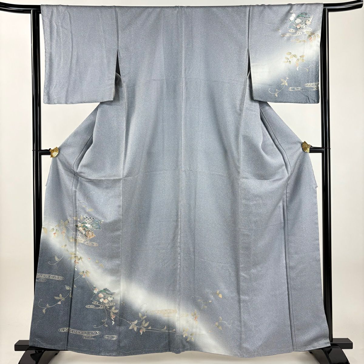 訪問服 身長162.5cm 袖長64.5cm M 雙層 扇子葉與果實 金銀彩 漸層 青灰 純蠶絲 優品級