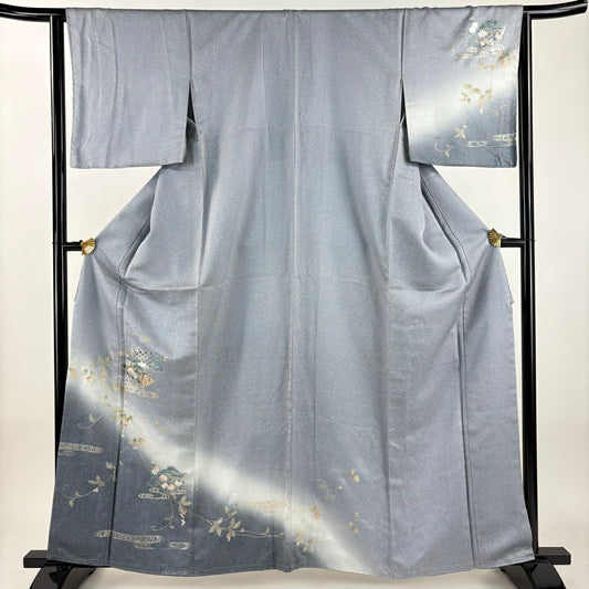 訪問服 身長162.5cm 袖長64.5cm M 雙層 扇子葉與果實 金銀彩 漸層 青灰 純蠶絲 優品級