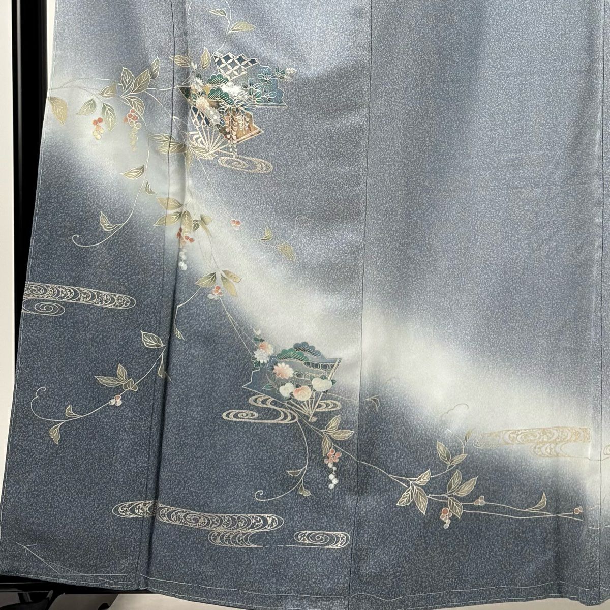 訪問服 身長162.5cm 袖長64.5cm M 雙層 扇子葉與果實 金銀彩 漸層 青灰 純蠶絲 優品級