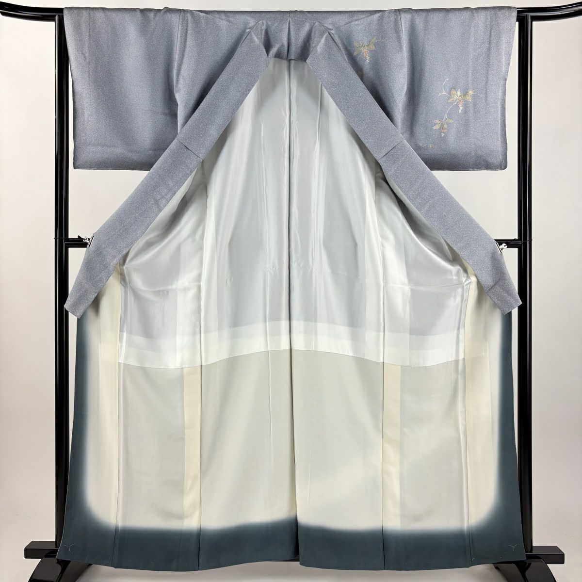 訪問服 身長162.5cm 袖長64.5cm M 雙層 扇子葉與果實 金銀彩 漸層 青灰 純蠶絲 優品級