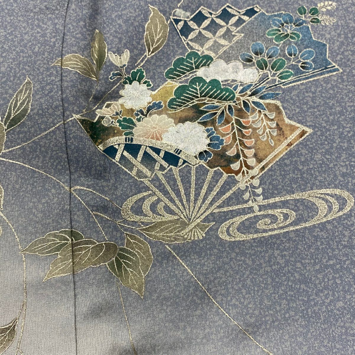 訪問服 身長162.5cm 袖長64.5cm M 雙層 扇子葉與果實 金銀彩 漸層 青灰 純蠶絲 優品級