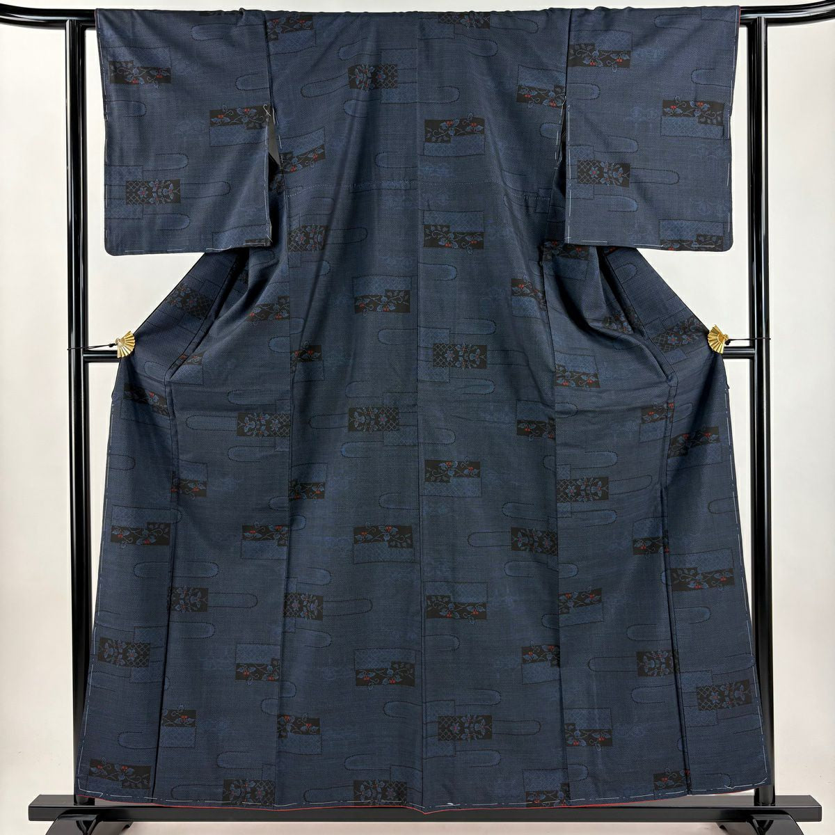 【美品】 大島紬織 身長159cm 袖長62.5cm S 雙層 純泥染 證書附帶 花唐草紋 霞 深藍色 純蠶絲 優品級