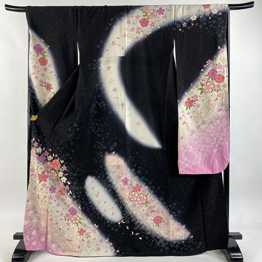 【美品】振袖禮服 身長170.5cm 袖長68.5cm L 雙層 櫻花瓣 金通 金銀彩 黑 純蠶絲 逸品級