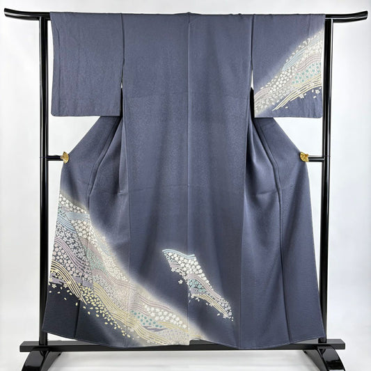 付下 身長156cm 袖長62cm S 雙層 樱花 樱花花瓣 銀線 絞染 青灰 純蠶絲 逸品級