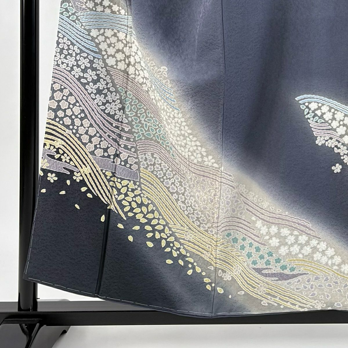 付下 身長156cm 袖長62cm S 雙層 樱花 樱花花瓣 銀線 絞染 青灰 純蠶絲 逸品級