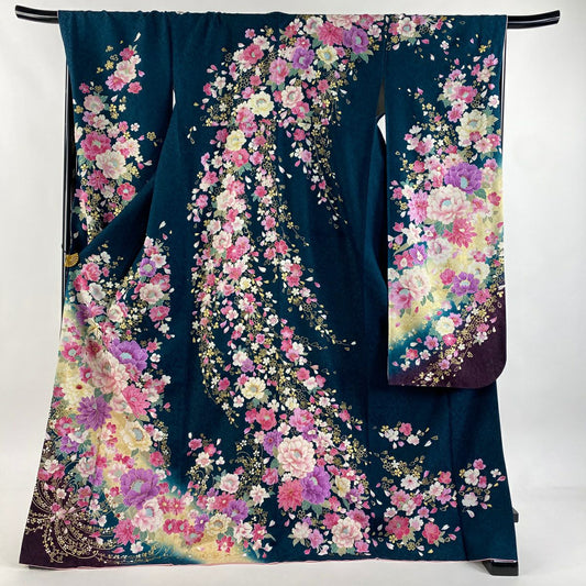 【美品】振袖禮服 身長174cm 袖長69cm L 雙層 牡丹 百合 金銀彩 深綠 純蠶絲 逸品級