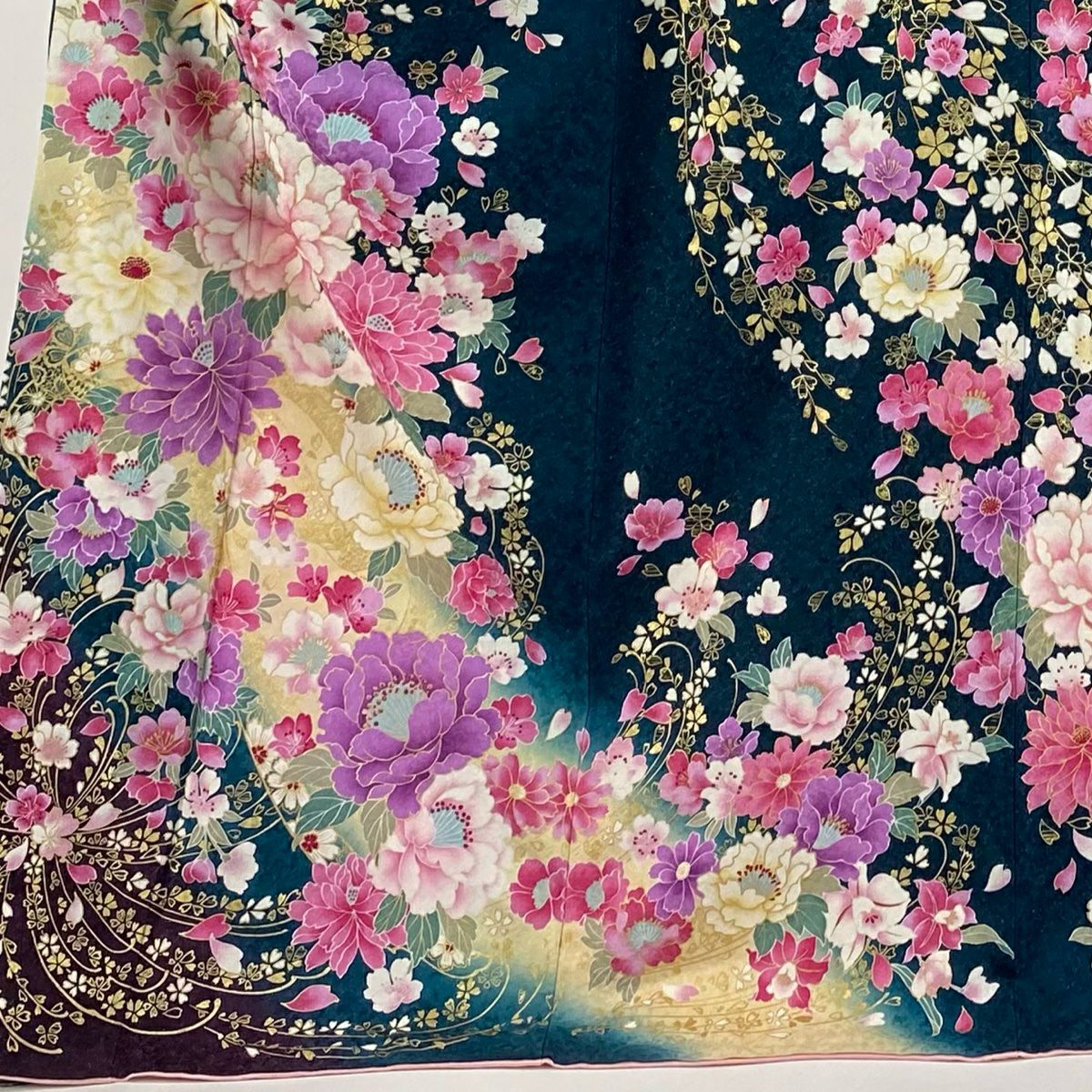 【美品】振袖禮服 身長174cm 袖長69cm L 雙層 牡丹 百合 金銀彩 深綠 純蠶絲 逸品級