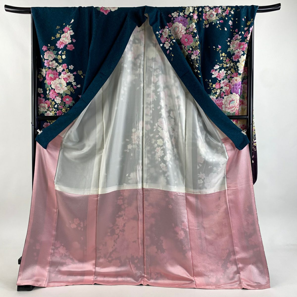 【美品】振袖禮服 身長174cm 袖長69cm L 雙層 牡丹 百合 金銀彩 深綠 純蠶絲 逸品級