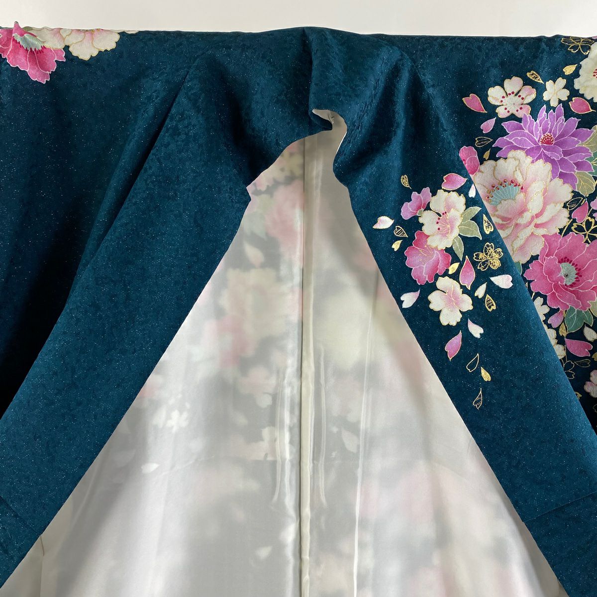 【美品】振袖禮服 身長174cm 袖長69cm L 雙層 牡丹 百合 金銀彩 深綠 純蠶絲 逸品級