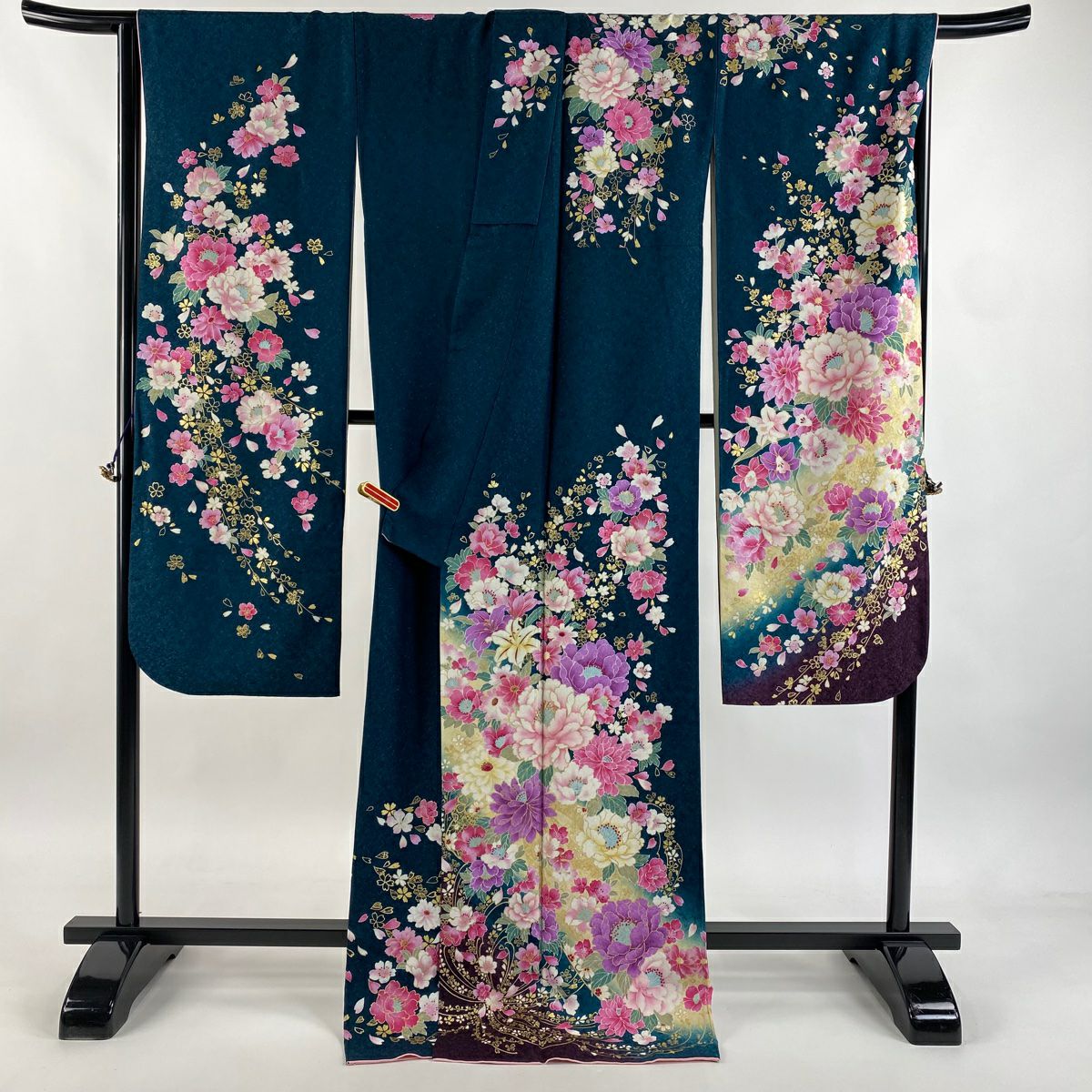 【美品】振袖禮服 身長174cm 袖長69cm L 雙層 牡丹 百合 金銀彩 深綠 純蠶絲 逸品級