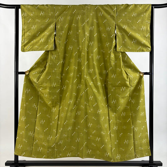 【美品】 紬織 身長154cm 袖長62cm S 雙層 本場琉球 燕 絣 抹茶 純蠶絲 逸品級