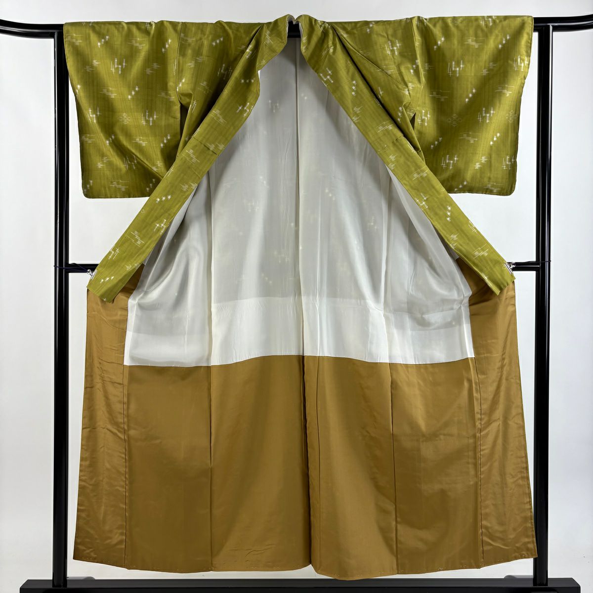 【美品】 紬織 身長154cm 袖長62cm S 雙層 本場琉球 燕 絣 抹茶 純蠶絲 逸品級