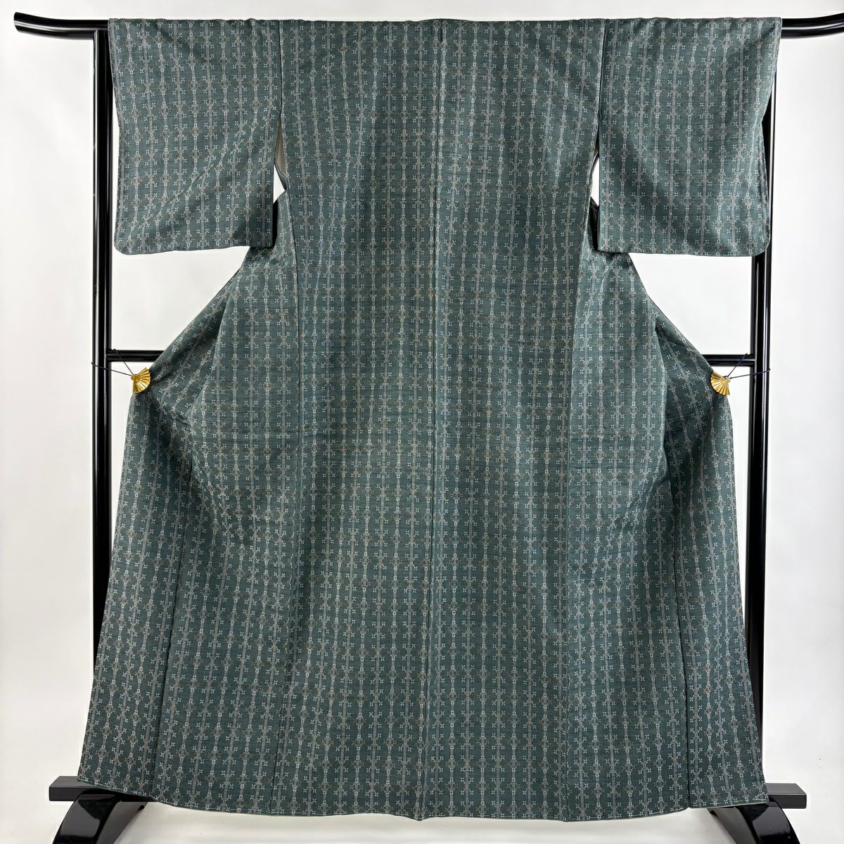 【美品】 紬織 身長163cm 袖長65cm M 雙層 垂直條紋 幾何圖案 花織 灰綠 純蠶絲 逸品級
