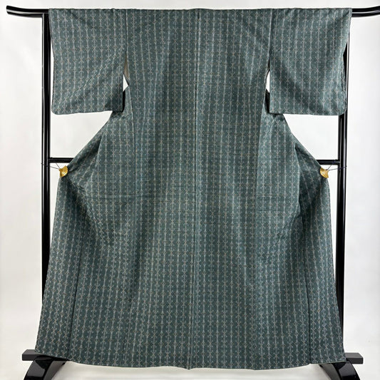 【美品】 紬織 身長163cm 袖長65cm M 雙層 垂直條紋 幾何圖案 花織 灰綠 純蠶絲 逸品級