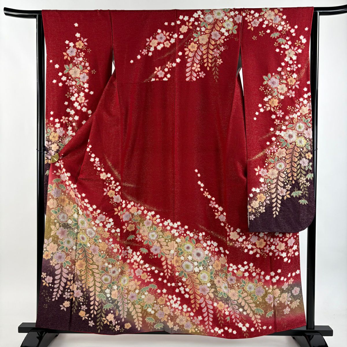 【美品】振袖禮服 身長159cm 袖長64cm M 雙層 徳永憲峯 落款あり 辻花染 笹 通し 金彩裝飾 紅 純蠶絲 逸品級