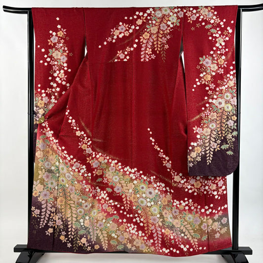 【美品】振袖禮服 身長159cm 袖長64cm M 雙層 徳永憲峯 落款あり 辻花染 笹 通し 金彩裝飾 紅 純蠶絲 逸品級