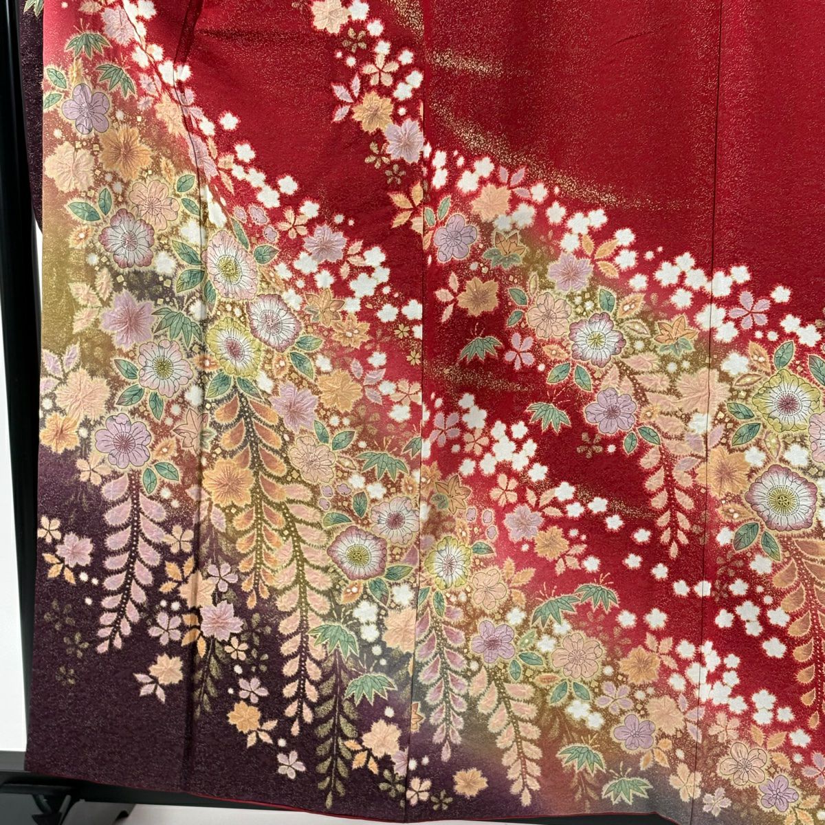 【美品】振袖禮服 身長159cm 袖長64cm M 雙層 徳永憲峯 落款あり 辻花染 笹 通し 金彩裝飾 紅 純蠶絲 逸品級