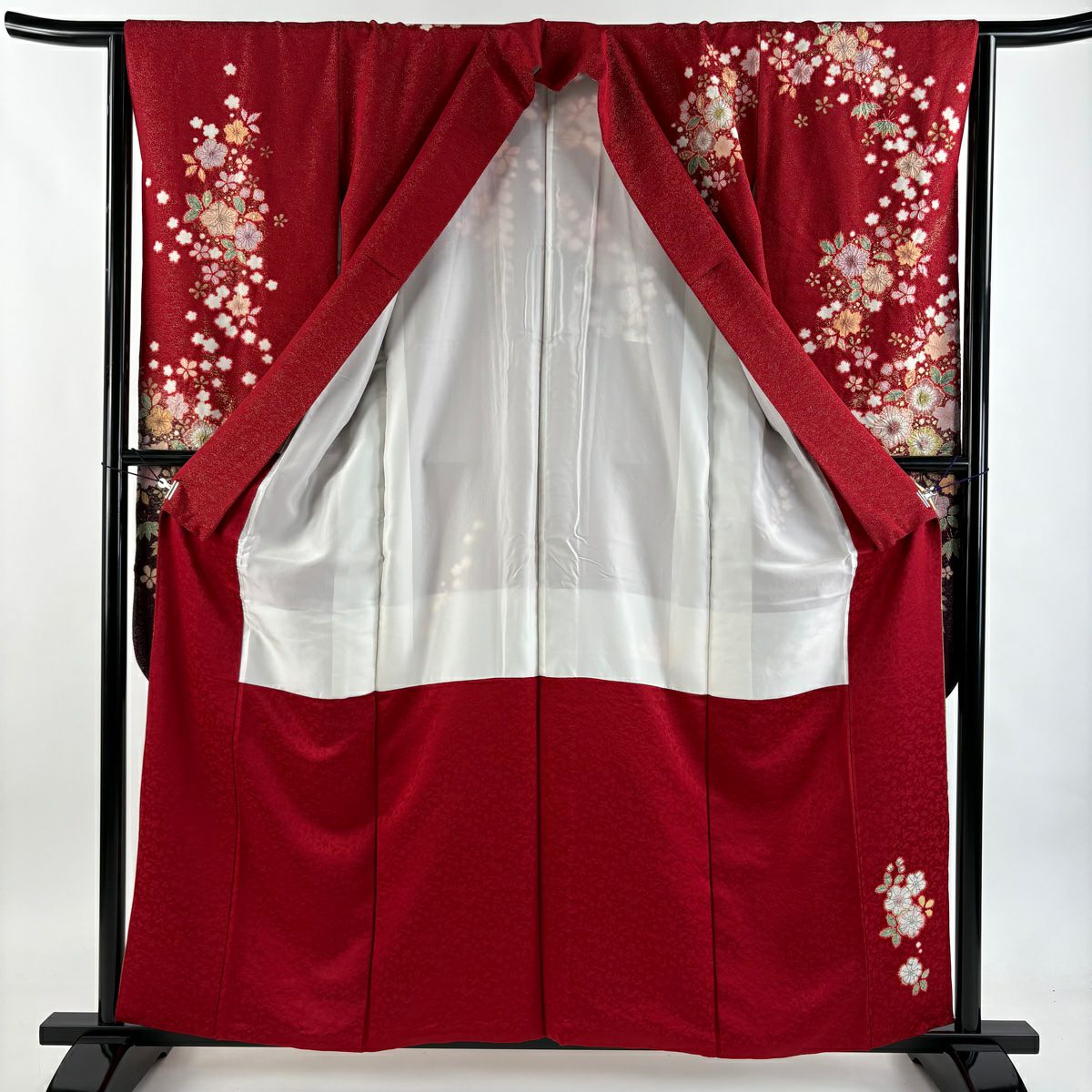 【美品】振袖禮服 身長159cm 袖長64cm M 雙層 徳永憲峯 落款あり 辻花染 笹 通し 金彩裝飾 紅 純蠶絲 逸品級